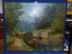 A large unframed Oil on canvas depicting a canal scene with heavy horses on the towpath pulling