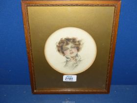 A framed circular mounted Watercolour depicting a portrait of a young lady, singed Jane Orrell,