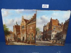 Two unframed oils on canvas of Continental towns 8" x 10".