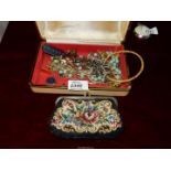 A jewellery box and contents of chain necklaces, tie pins, odd cuff-links etc.