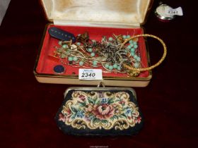 A jewellery box and contents of chain necklaces, tie pins, odd cuff-links etc.