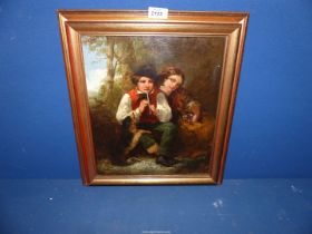 A 19th century Oil on canvas genre painting of Young shepherd playing pipe with girl and dog