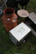 Metal milk churn (a/f), aluminium cabin cart and bar stool.