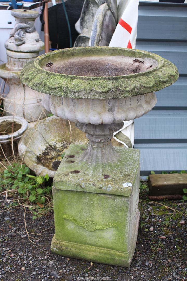 Concrete Urn/Planter on plinth (in three sections), 25'' diameter x 35 1/2'' high.