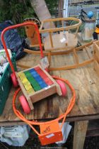 Child's wooden rocking chair, walker and basket ball hoop (no net).