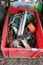 Box of ratchet straps, rope, chain lifts, geared chain hoist, etc.