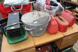 A quantity of fuel cans, galvanised lidded pan, trug, etc.