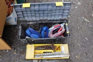 Tool box and contents, including masonry drill bits, jump leads, etc.