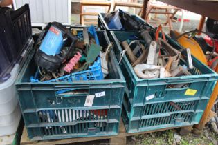 Two boxes of assorted tools - garden, door locks, ratchet straps, bow saw, etc.