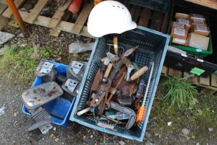 Box of wing mirrors, tools, G-clamps, etc.