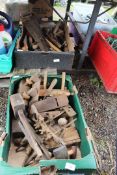 Two boxes of woodworking tools including planes, mallets, etc.