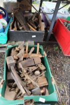 Two boxes of woodworking tools including planes, mallets, etc.