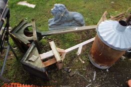 Two wooden bird tables, a/f and galvanised incinerator.