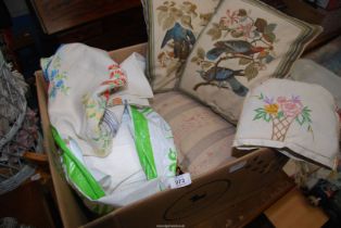 Box of Cushions and Linen, handbags etc.