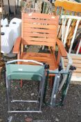 Teak folding garden chair, folding chair and metal easel.