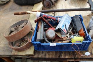 Pair of cast iron wheels, spanners, lights, etc.