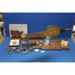 Two boxes of Treen to include; bellows, a Welsh dragon hand carved on oak, old pipes and pipe rack,