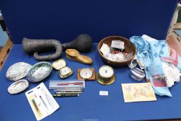 A quantity of miscellanea including old car horn, treen bowl and novelty ashtray,