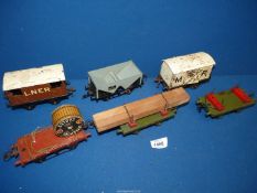 A quantity of Rolling stock 'O' gauge - white 'M R' wagon, grey sand/gravel truck no.