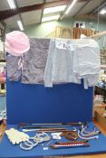 Pink and grey Racing silks, brow bands, riding crops, horseshoes, etc.