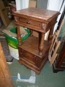 A continental design Mahogany framed night table/Etagere having a rose marble inset top,