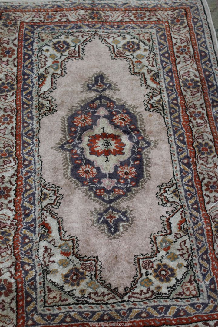 A Turkish Kayeri floss silk hearth rug in purple, orange and grey, 37 3/4 wide x 23" long. - Image 2 of 3