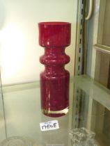 A Swedish Alsterfors red hooped glass vase by Per Olof, 8 1/4" tall.