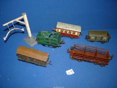 A quantity of Rolling stock 'O' gauge - maroon/cream passenger coach, grey/green cattle truck,