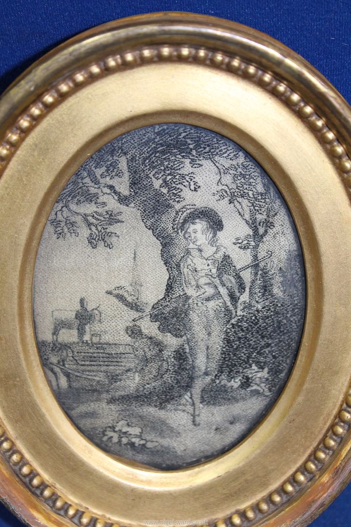 An early 19th century picture on woven silk depicting a gentleman in a landscape in an oval gilt - Image 2 of 3