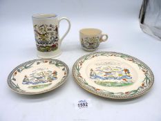 A 'God Speed The Plough' tankard, cup & saucer and plate.