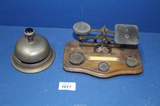 A set of vintage brass letter scales with weights, plus a brass counter service bell by TP & S.