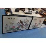 Two large framed Oriental embroideries, one of flowers, other of birds, both approx. 46" x 28".