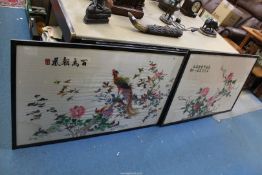 Two large framed Oriental embroideries, one of flowers, other of birds, both approx. 46" x 28".