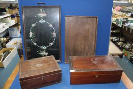 Two wooden trays including one with painted to look like embroidery detail,