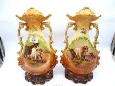 A pair of Victorian Vases with scenes of cattle, 15'' tall.