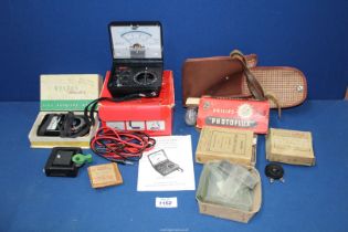 A small box of Photographic and Scientific items including; light meter, tester,