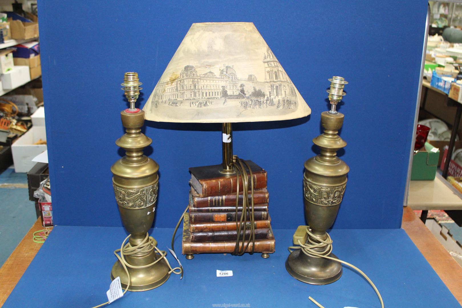 A lamp base made of stacked leather bound books with (Newspaper shade a/f) 22 1/2" tall and a pair - Image 2 of 2