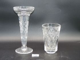 Two cut glass vases including trumpet shape and conical shape with frosted base.