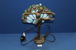 An Art Deco Lady figure lamp with Tiffany style shade, 14 1/2" tall, a/f.