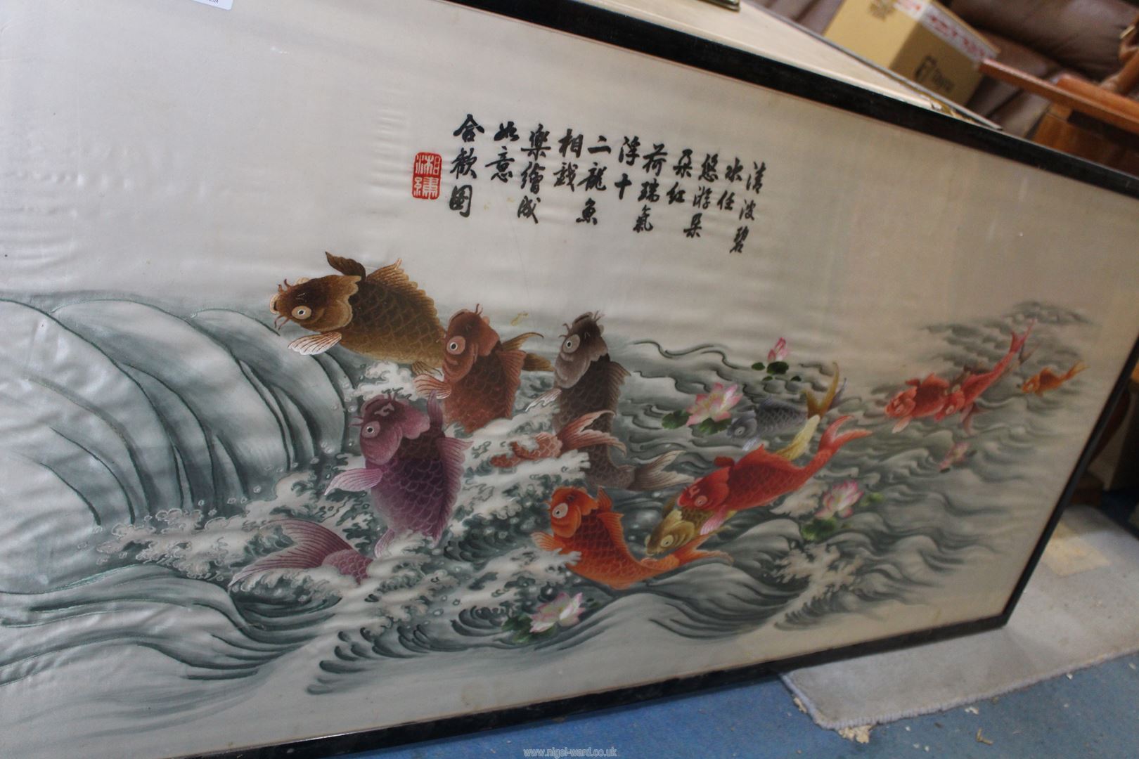 Two large framed Oriental embroideries, one of Koi, other of Great Wall of China, largest 5' x 28". - Image 3 of 4