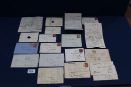 A quantity of early letters, circa 1800's having Penny red stamps (one without perforation),