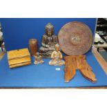 A quantity of Treen including; small table with folding legs, Buddha figures (some a/f),