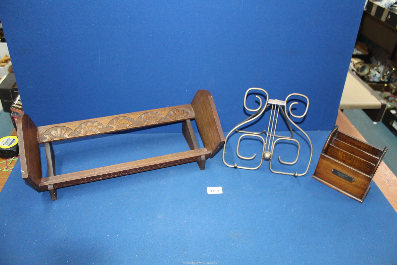 A Music stand approx. 25cm x 25cm, wooden letter rack approx.