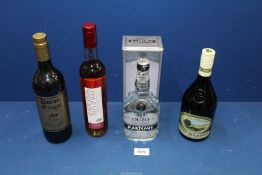 Four bottles including Calvados, Irish Meadow Liqueur, Ouzo and Dorset Ginger.