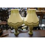 A pair of Alabaster table lamps with shades, 15" tall excluding bulb and shades.