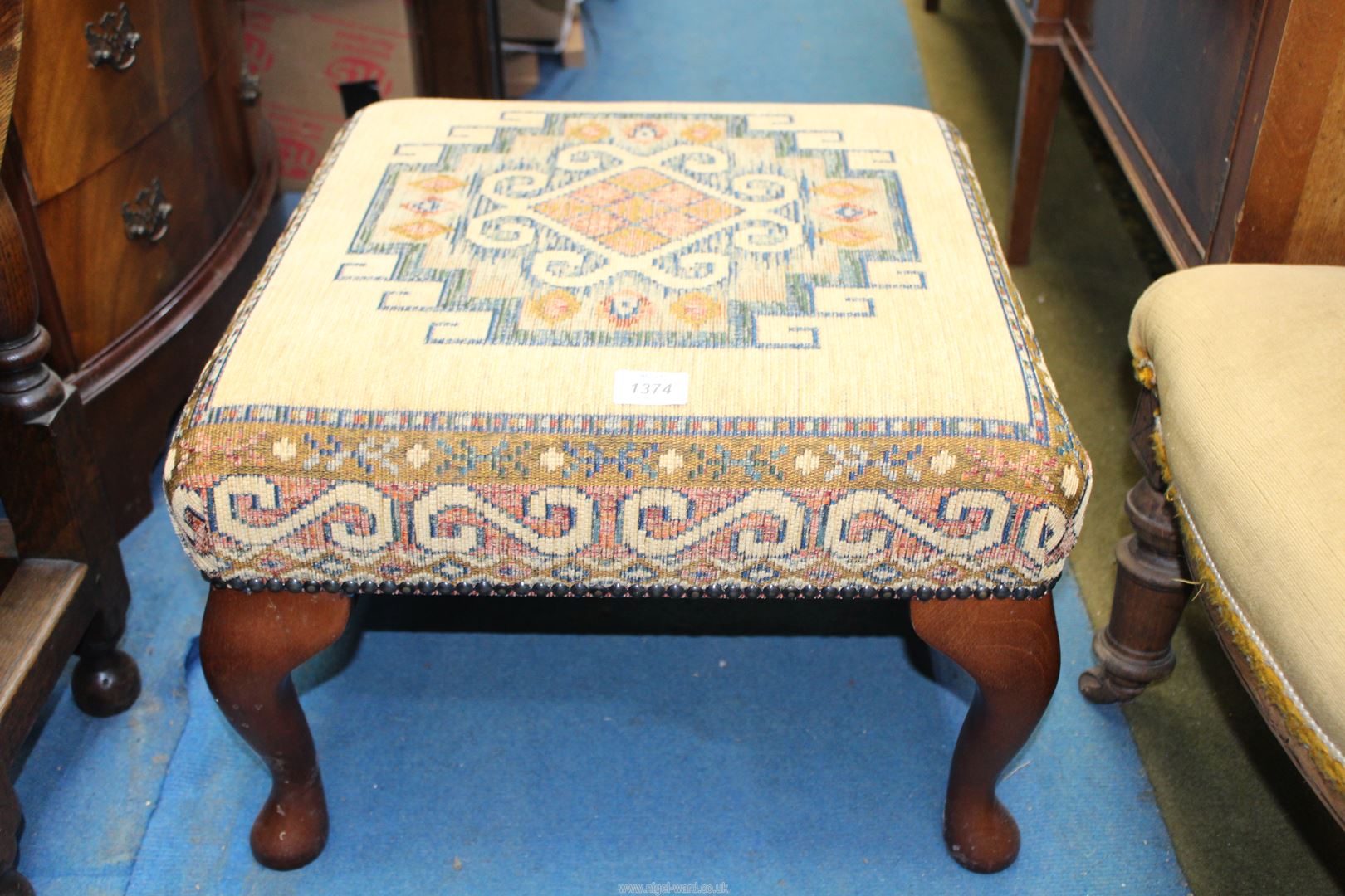 A contemporary square low Stool standing on cabriole legs and with beige ground fabric top - Image 2 of 2