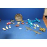 A quantity of miscellanea to include wooden Biplane and three WWII planes, vintage Cunard tin,