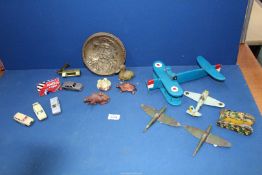 A quantity of miscellanea to include wooden Biplane and three WWII planes, vintage Cunard tin,