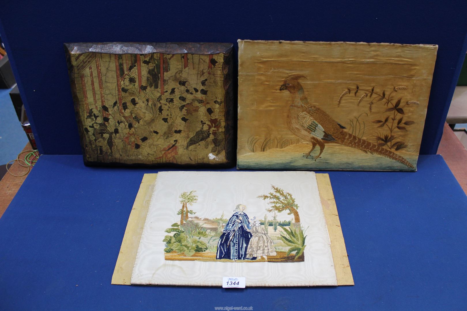 A Silkwork*** pheasant and a piece of Japanese art Print on wood and a small needlework picture of