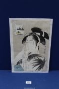Kitagawa Utamaro: A fine early Japanese woodblock print of a beauty with a towel (ex Bellmans sale